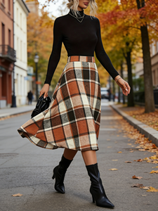 กระโปรงทรงสวิงเอวธรรมชาติความยาวระดับเข่าลายตาข่ายแบบตารางสำหรับผู้หญิงไซส์ใหญ่สไตล์ลำลองสำหรับฤดูหนาว - Product Image 1