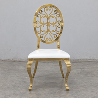 Chaise de banquet ovale à dossier sculpté en acier inoxydable doré, siège en cuir PU