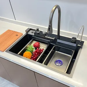 Hiện Đại Duy nhất Bát thép không gỉ bồn rửa nhà bếp handmade hiển thị kỹ thuật số thác nước dưới chống gỉ chống trầy xước đen vuông