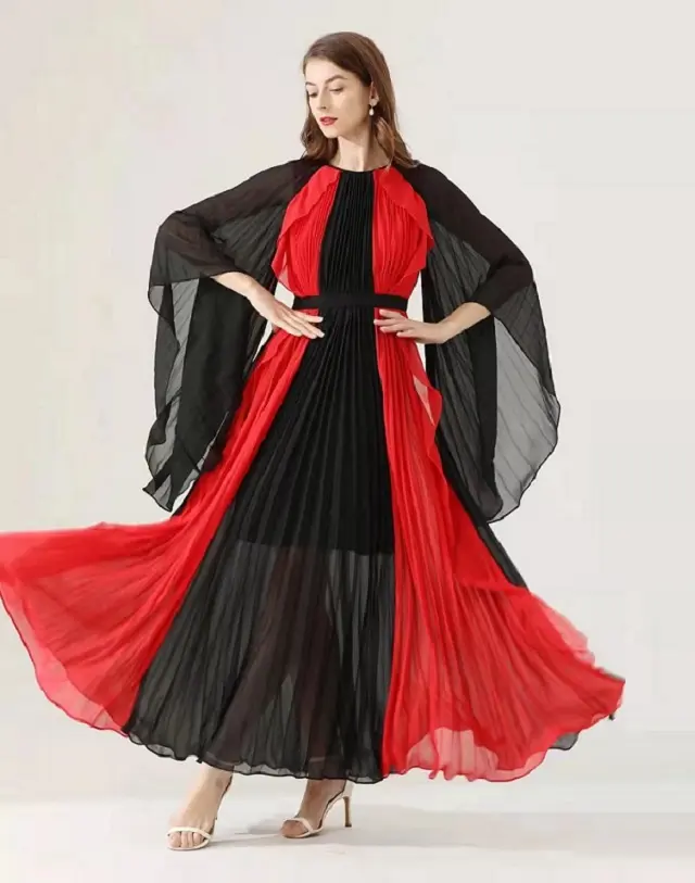 Top Quality New 2023 Spring Long Party Evening Women Dresses Color Block Patchwork Flare Sleeve Elegant Red Yellow Maxi Dress