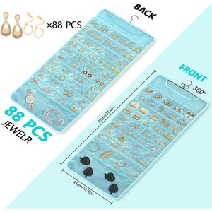 Organisateur de bijoux suspendu à 88 poches, rangement double face pour boucles d'oreilles, bracelets, montres, utilisation en voyage, bleu - Product Image 3
