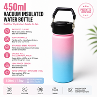 Bouteille d'eau isotherme à double paroi en acier inoxydable de 15 oz, avec couvercle à clapet breveté, poignée amovible et design dégradé, pour boissons chaudes ou froides