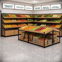Presentatietafel met twee lagen houten bakken en wit metalen frame voor de presentatie van fruit en groenten in de supermarkt