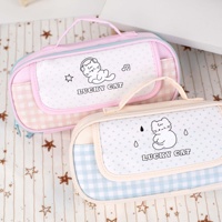 L.53002 Trousse à crayons chat Kawaii à rabat à carreaux, grande capacité, pochette de rangement portable, double compartiment, pour étudiant