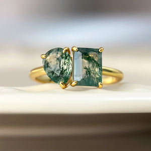 Bague de fiançailles classique personnalisée en gros, plaquée or 18 carats, avec pierre précieuse agate mousse, ajustable pour femme - Product Image 2