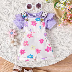 Ensemble 2 pièces d'été pour bébé <span class=keywords><strong>fille</strong></span> (0-3 <span class=keywords><strong>ans</strong></span>) : <span class=keywords><strong>Manteau</strong></span> à manches bouffantes et short à bretelles, motif floral, respirant et décontracté - Product Image 2