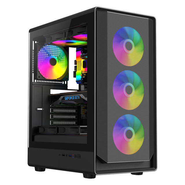 ESGAMING New Design Tempered Glass Gaming Pc Case Black SPCC 7slots Mid Tower Seaview ATX Tower Cabinet for Desktop Computer