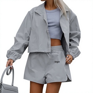 Ensemble de sport gris 2 pièces pour femme : veste à col montant zippée et short, coupe ample, séchage rapide, style sportif printemps-été - Product Image 2