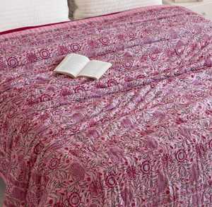Indian Hand Block Print Rose Pink Cotton Quilt Floral <b>Bedspread</b> Queen Size Comforter <b>Summer</b> Blanket - Product Image 1