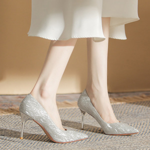 Zapatos de tacón de aguja con punta brillante para novia, zapatos de boda de tacón alto para mujer, tendencia de moda, color sólido, forro de satén - Product Image 4
