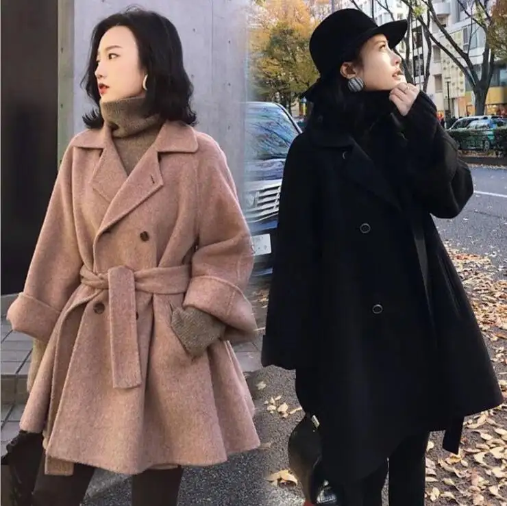 الجملة المرأة الصوفية معطف لخريف شتاء 2021 صغيرة جديدة الكورية نمط فضفاض الوجهين عباءة الصوف المعاطف