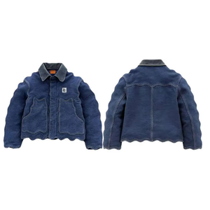 Veste en jean personnalisée pour homme, effet délavé, avec bordure ondulée, en jean bleu, épaisse, thermique, décontractée, en coton - Product Image 3