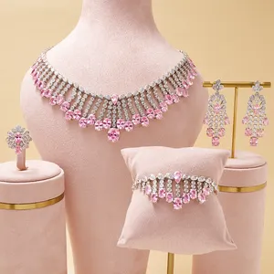 015639 Luxury Large Colored 4pcs Bling Necklace Set for Women Wedding Zirconia with Pink Color Lady Big Full Jewelry Sets