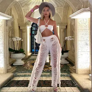 2022 New Summer Hollow Out Pants Women Street Wear Long Pants Beach Cover up Solid Sexy Beach Party Bikini 100% Polyester Adults