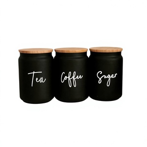 Ensemble de 3 boîtes à thé, café et sucre en noir mat avec couvercles en bambou, contenants de rangement pour comptoir de cuisine - Product Image 1