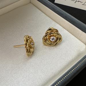 S925 Pure Silver Luxury Zircon <b>Rose</b> Stud Earrings Antique Style <b>Light</b> Jewelry-Wholesale - Product Image 4