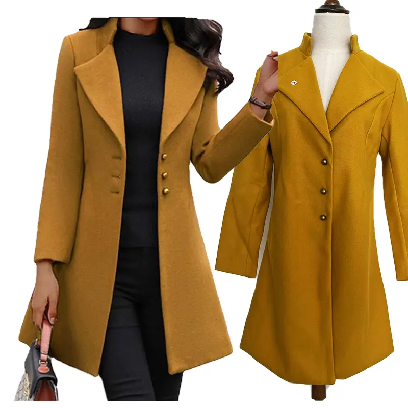 Wool Fashion Woolen Coats Wholesale New Lapel Single Breasted Button Trench Korean Version Design Women Long Sleeve Casual S-L