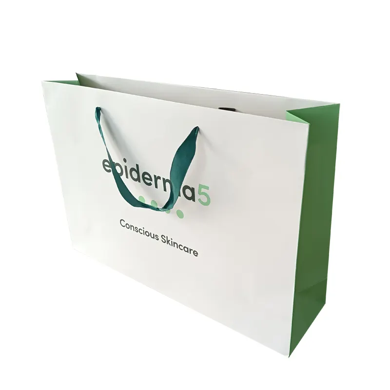 Borsa per la spesa con logo in carta personalizzata con logo in argento e borsa per il trasporto di carta riciclata con manici in corda