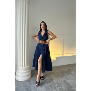 เสื้อเชิ้ตมัสลินแขนกุดคอปกสีกรมท่าเสื้อผู้หญิงไซส์ S - Product Image 4