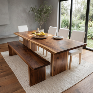 Juego de Mesa de Comedor de Madera de Teca Sólida con Borde Natural y Banco, Diseño Rústico Moderno, Muebles para el Hogar - Product Image 3