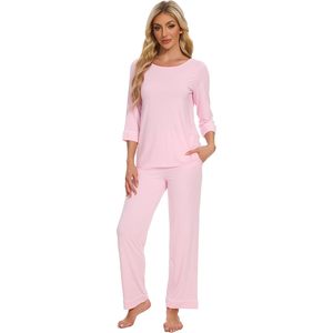 Ensemble de pyjama pour femmes personnalisé, col rond, manches 3/4, vêtements de nuit doux en viscose de bambou, tailles S à XXL - Product Image 5