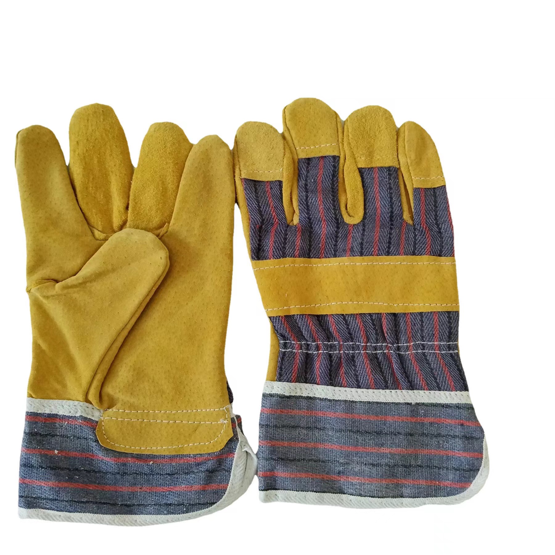 Guantes de cuero de dos capas, espalda de algodón a rayas, guantes de protección laboral antiestáticos de medio cuero