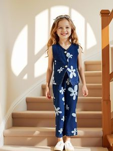 เสื้อกั๊กแขนกุดและกางเกงยีนส์ขายส่งสำหรับเด็ก ชุดเสื้อผ้าเด็กผู้หญิงทันสมัย อายุ 3-7 ปี - Product Image 4