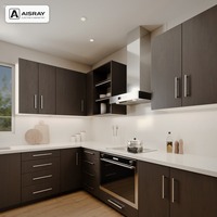Meuble de cuisine moderne avec portes en placage de bois, aménagement en L, dimensions personnalisées, boîtes en panneaux de particules et tiroirs à fermeture amortie