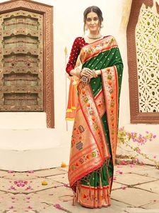 Soft Pethani Silk <b>Saree</b> with Zari and Meenakari Design Stunning Pallu Meenakari Border Tassels Party Wear <b>Blouse</b> for Women - Product Image 2