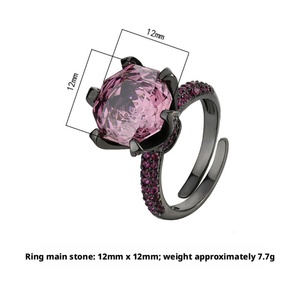 High End Jewelry Eco-friendly Copper Black Gold Plated Non Tarnish 12MM Pink Zircon 6 Claw Adjustable Ring for Women - Product Image 2