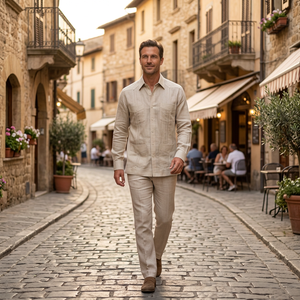Chemises pour hommes en lin de qualité supérieure, 100% lin, plissées, style guayabera, <span class=keywords><strong>chemise</strong></span> à manches longues décontractée pour hommes - Product Image 3