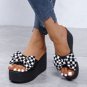 2025 <b>Summer</b> Women's New Butterfly Bow Grid Thick Bottom Large Women's Slippers - Product Image 5