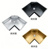 Évier d'angle de cuisine en acier inoxydable 304 noir nano-texturé en forme de L de 650*650 mm, adapté au design d'espace d'angle de cuisine.
