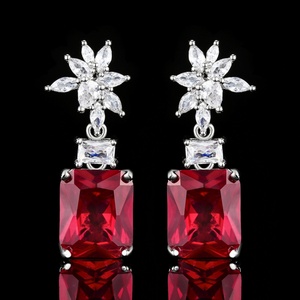 Fashion Jewelry Eco-friendly Copper Princess Square Cut 10*12mm Red Zircon Latest Simple Drop <b>Earrings</b> for Office Wear - Product Image 3