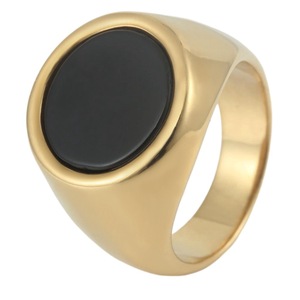 yunnique Men's <b>Titanium</b> Steel Oval <b>Ring</b> Gold Color Black Stone Bezel Setting Geometric Design Fashion Jewelry Gift - Product Image 4
