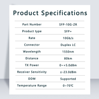Módulo Transceptor SFP+ ZR Dúplex LC 10G 1550nm, 80km, Monomodo, Compatible con Cisco, Mikrotik, Intel, TP-Link