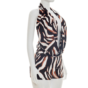 Viviblook J26ST168 Women Summer Shorts Zebra Print Halter Backless <b>Strap</b> Swinging Collar Tank Top Tight Shorts Two Piece Set - Product Image 4