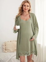 Vêtements de maternité, vêtements de grossesse, vêtements de détente, robe de maternité en tricot gaufré avec bordure en dentelle et robe de détente