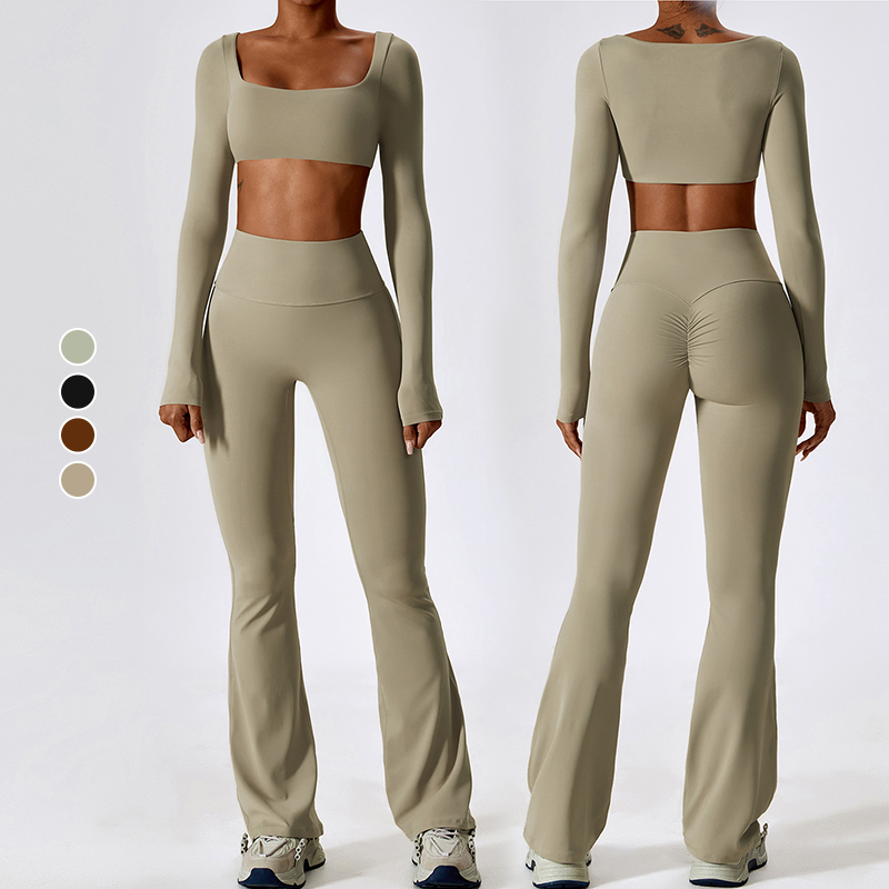 Women's Breathable Fitness Wear Outdoor Quick-drying Sportswear Cycling Tennis Yoga Wear Long Sleeve Top with Flared Pants