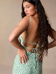 New French-style Viscose Green Printed <strong>Long</strong> <strong>Dress</strong> Slim-fitting Sexy Backless With Tie Straps A Pure And Alluring Slip <strong>Dress</strong> - Product Image 2