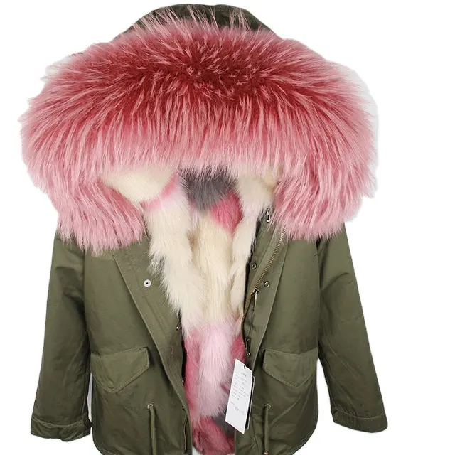 Winter Jacket 2021 Army Green Parka Coats Real Large Raccoon Fur Collar Fox Fur Lining Hooded Outwear Ladies Animal Fur Parkas
