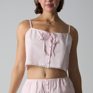 SUHE Top Camisero de Punto de Cintura Alta Estilo Transfronterizo para Niñas, Corto, con Encaje, Rayas y Lazo, Microelástico, Novedad - Product Image 3