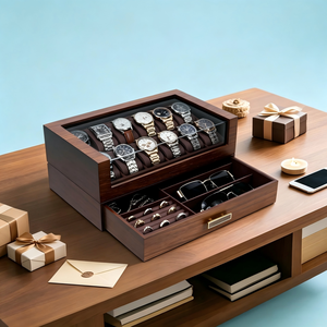 Boîte à montres haut <span class=keywords><strong>de</strong></span> gamme pour hommes, boîte à montres en bois à 12 emplacements avec tiroir |   Boîte <span class=keywords><strong>de</strong></span> présentation pour montres avec couvercle, support à montres à 2 niveaux - Product Image 4