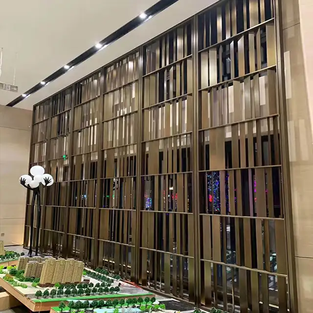 Braun farbe edelstahl rahmen montiert glas metall bildschirm raumteiler bildschirm
