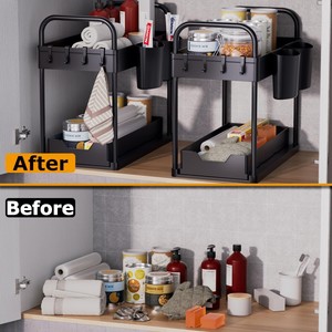 Organizzatore Sottolavello a 2 Livelli Nero Scorrevole per Bagno con Ganci e Contenitori - Product Image 4