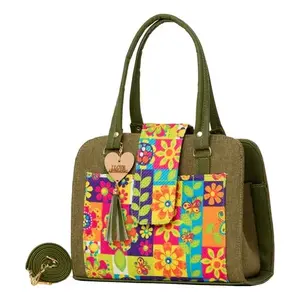 Sac de shopping en jute vert olive pour femme Fana Elsa, grand motif floral, double poignée supérieure, fermeture à fermoir, usage adulte - Product Image 4