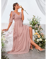Robe de Demoiselle d'Honneur Longue en Chiffon Haut de Gamme à Volants et Épaules Dénudées, Col en V, Coupe Évasée, pour Dîners, Mariages et Soirées