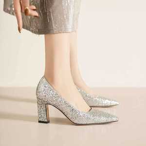 Escarpins à talon carré et bout pointu à paillettes pour mariée, toutes saisons, à enfiler, tendance mode, chaussures pour femmes 7188E - Product Image 2