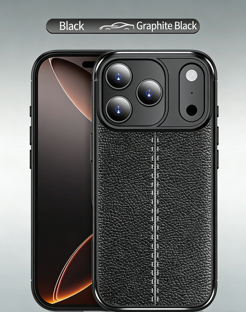Graphite Black Leather Texture Phone Case for iPhone 17 Pro Max Premium Car Grade Protective Cover with Shockproof Design