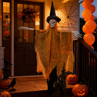 Décoration suspendue pour fête d'Halloween, sorcière gothique squelette, décoration suspendue, 90 cm, tissu + plastique, détails pailletés, orange noir, déchiré